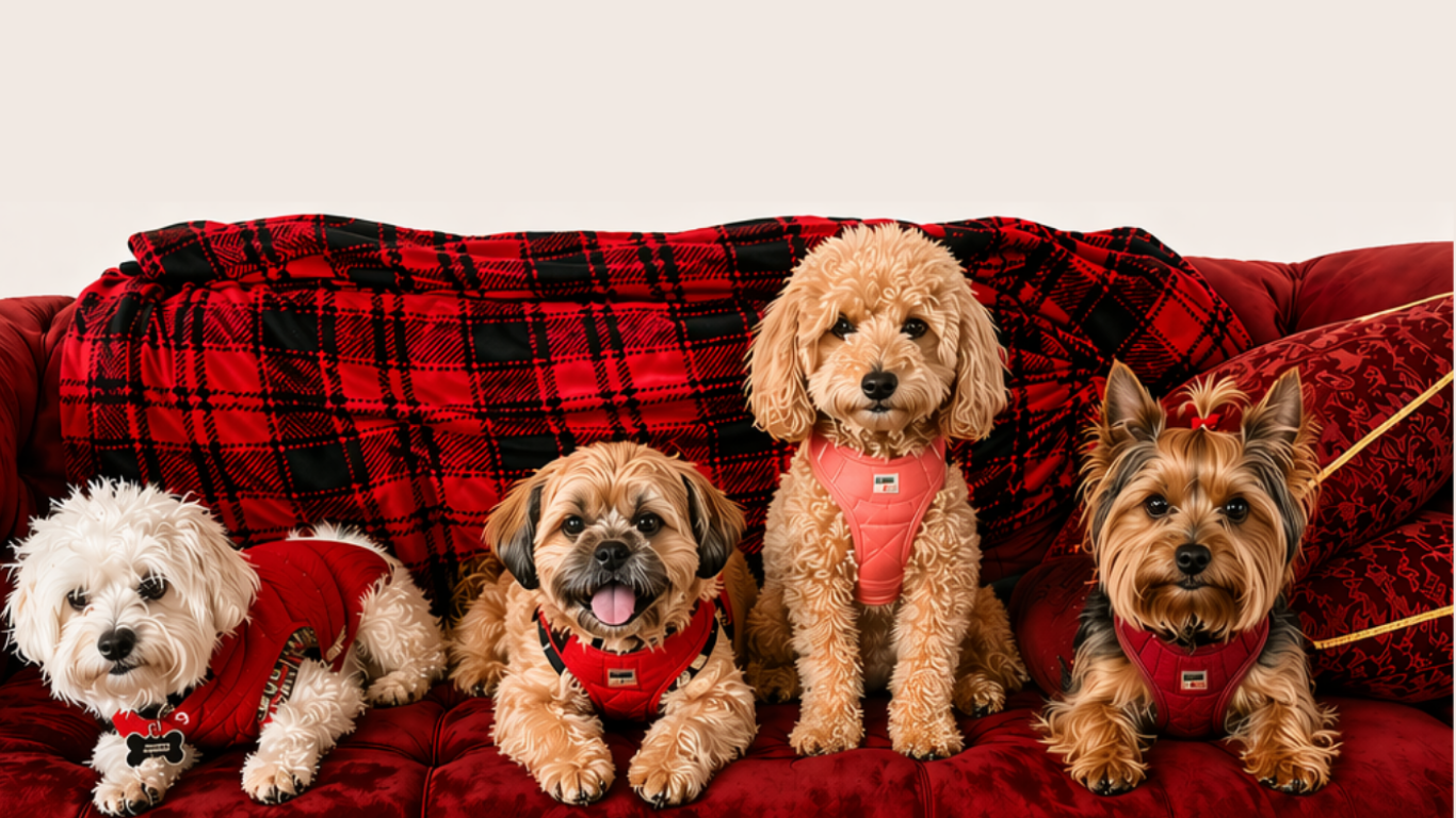 Four dogs relaxing together on a red sofa